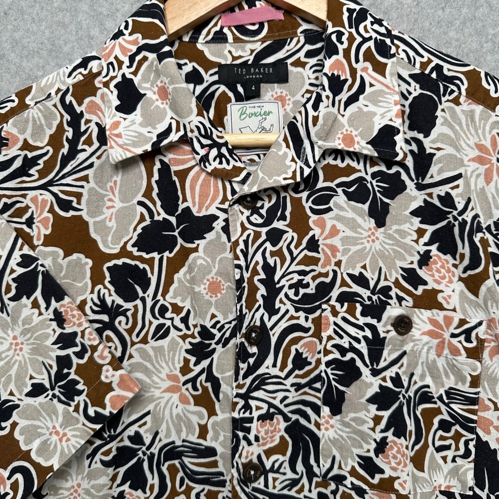 Ted Baker London‎ Mens Brown Floral Cotton Linen Short Sleeve Boxy Shirt Size 4